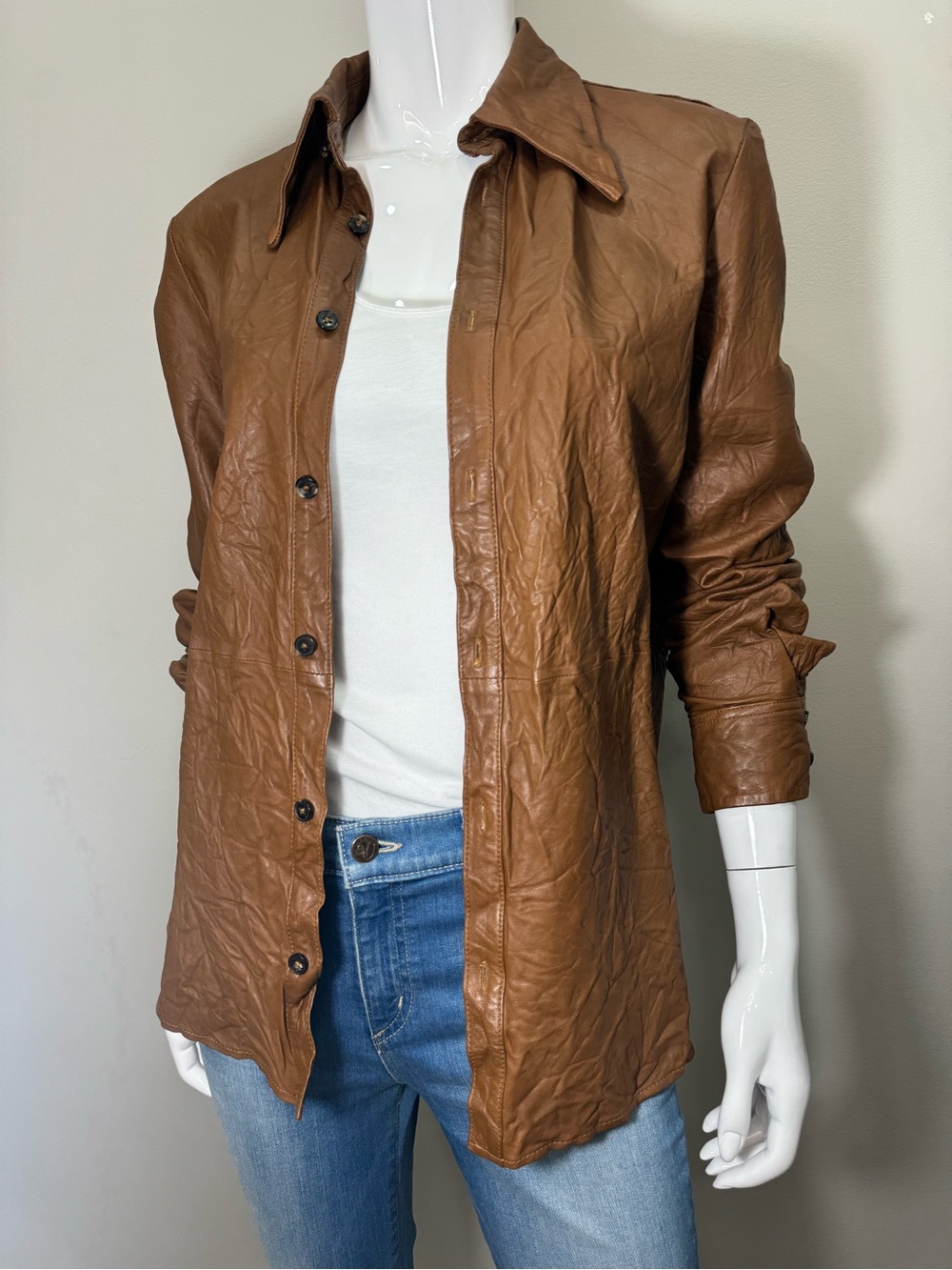 ZADIG & VOLTAIRE Cognac Brown Crinkled Leather Button Down Shirt Jacket 38